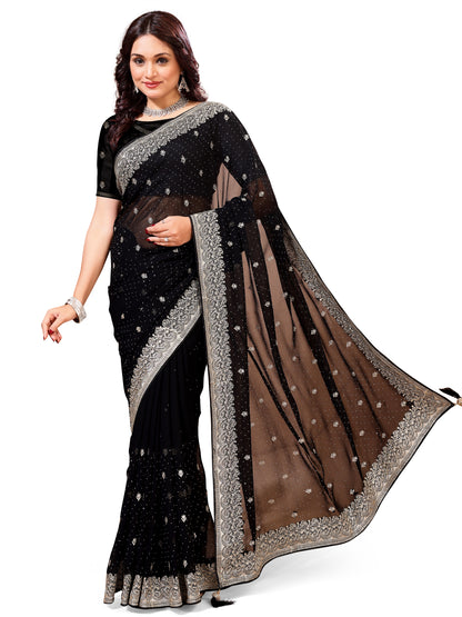 Leelavati Embroidered, Embellished, Woven Bollywood Georgette Saree (Black)