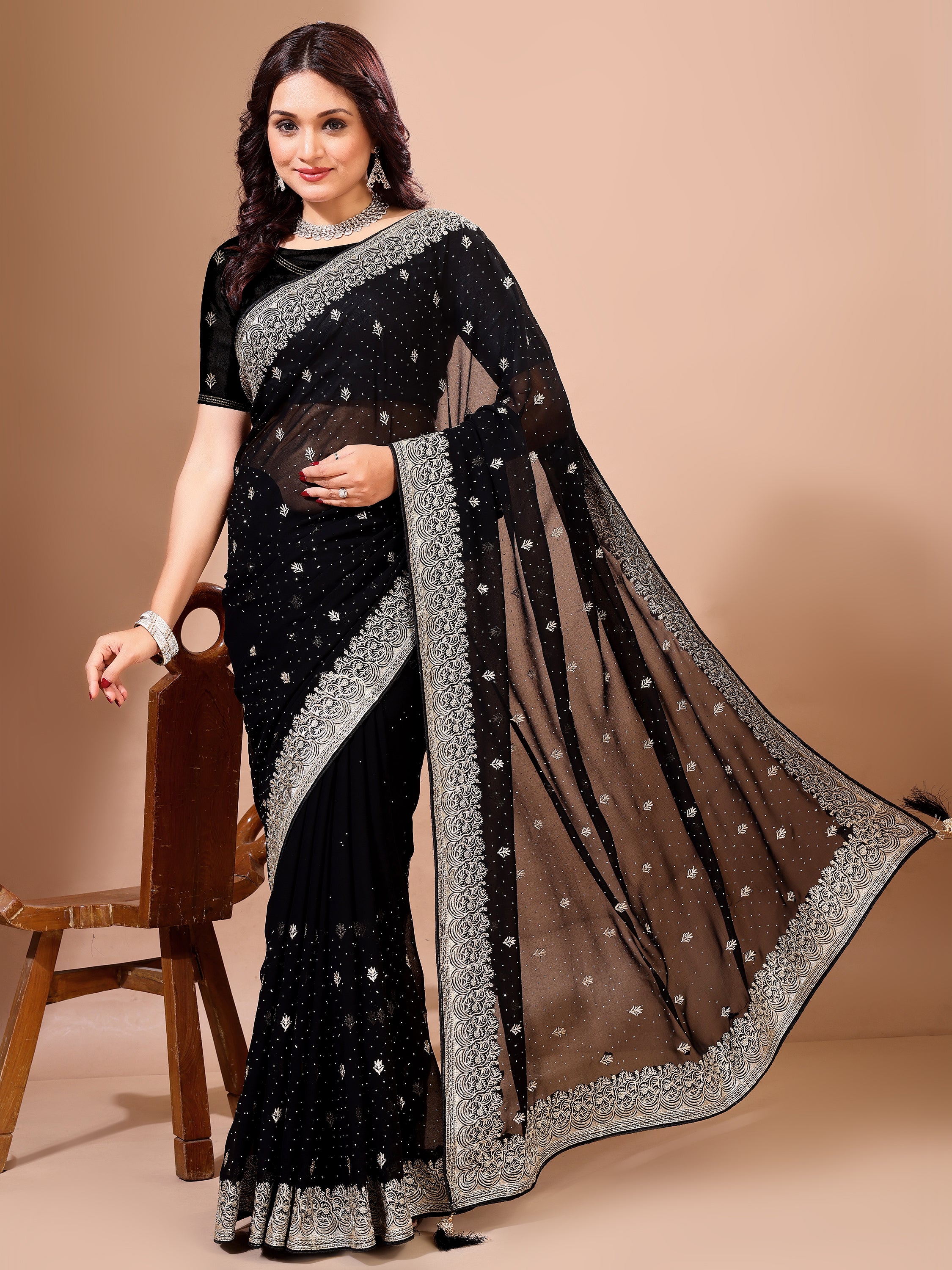 Leelavati Embroidered, Embellished, Woven Bollywood Georgette Saree (Black)