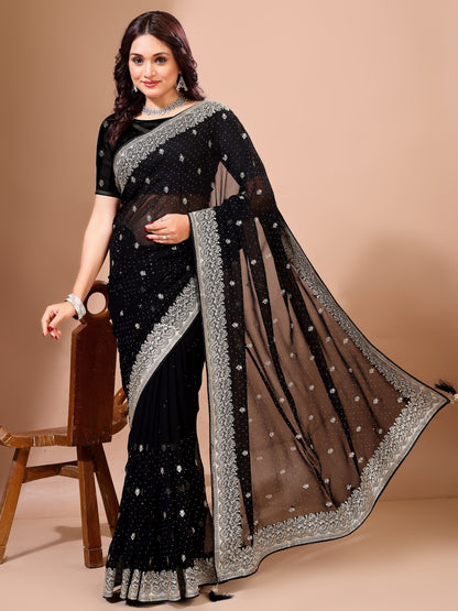 Leelavati Embroidered, Embellished, Woven Bollywood Georgette Saree (Black)