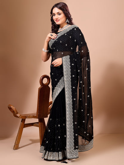 Leelavati Embroidered, Embellished, Woven Bollywood Georgette Saree (Black)