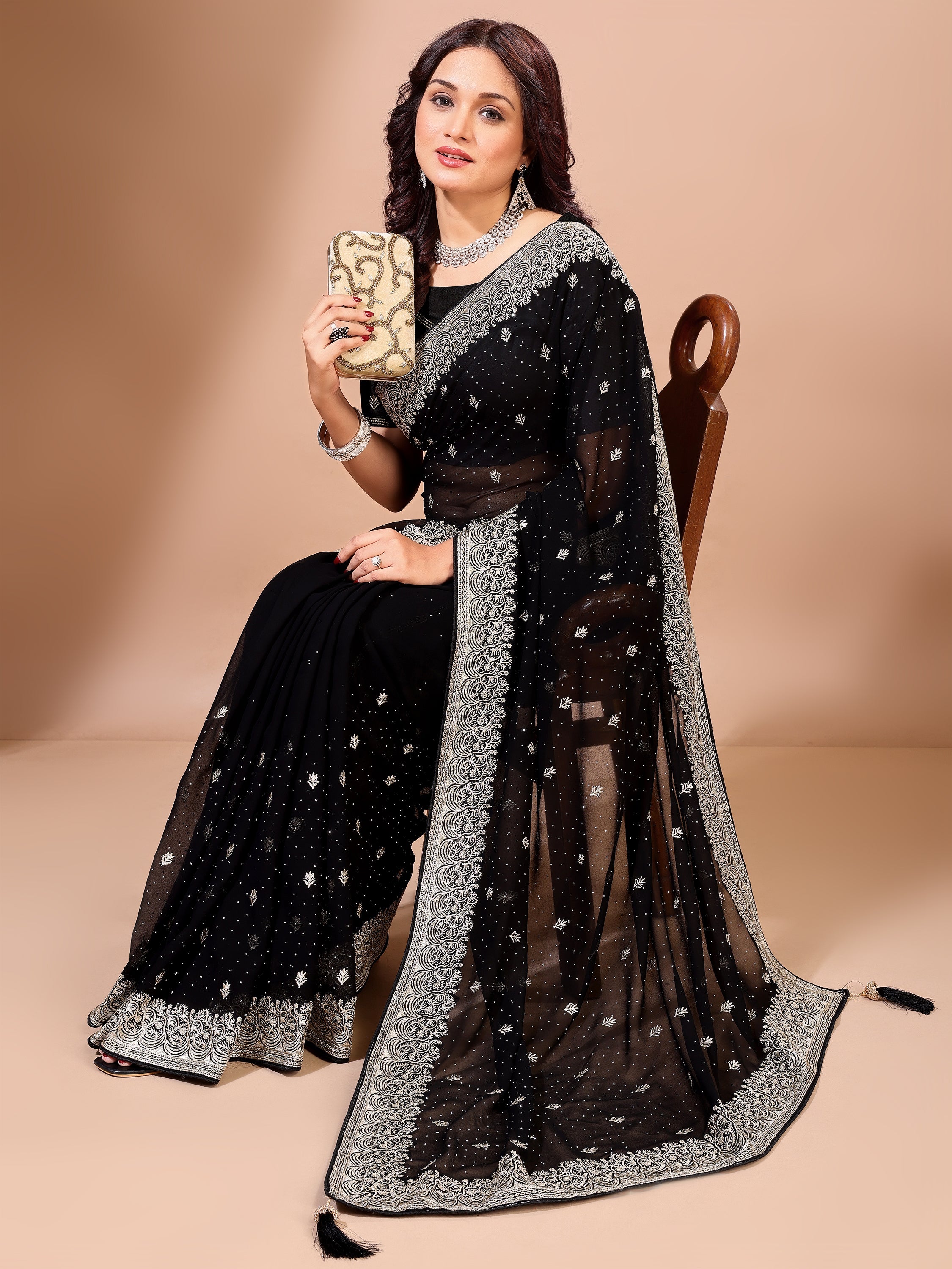 Leelavati Embroidered, Embellished, Woven Bollywood Georgette Saree (Black)