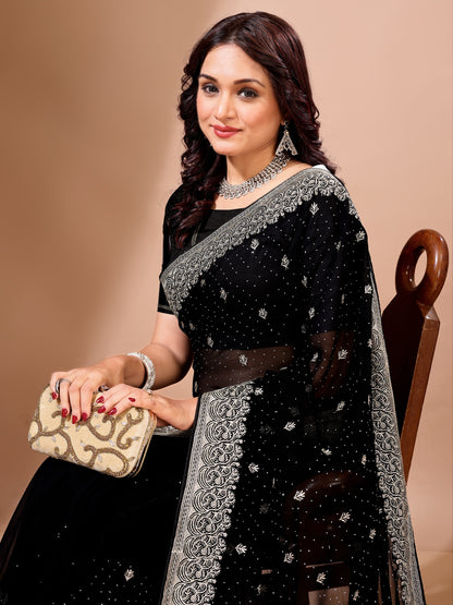 Leelavati Embroidered, Embellished, Woven Bollywood Georgette Saree (Black)