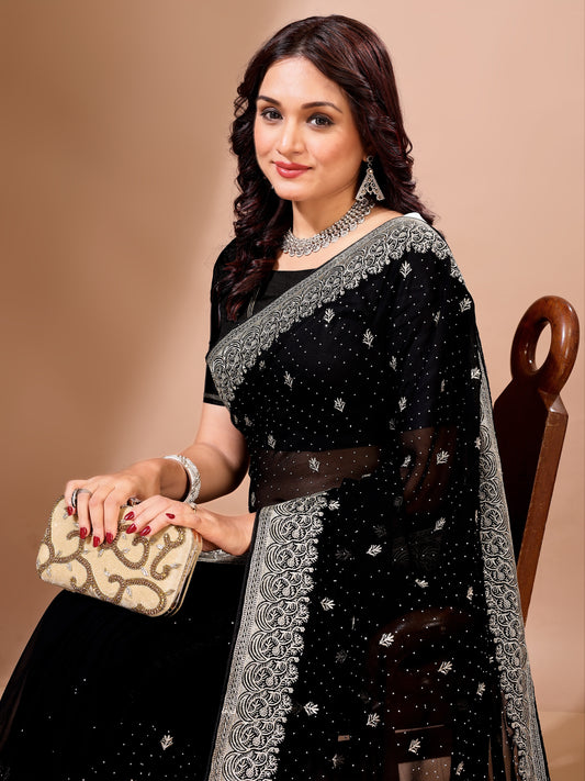 Leelavati Embroidered, Embellished, Woven Bollywood Georgette Saree (Black)