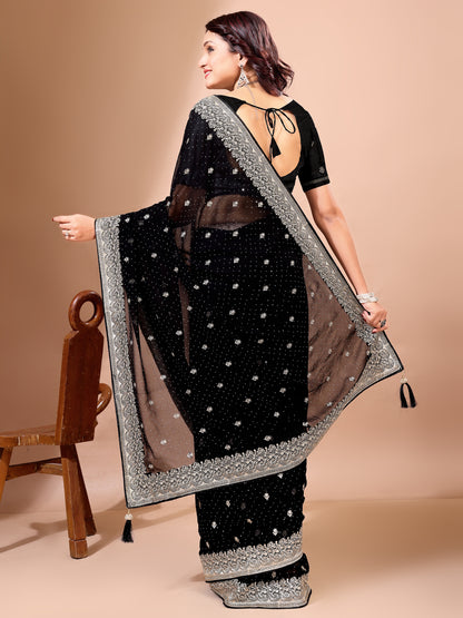 Leelavati Embroidered, Embellished, Woven Bollywood Georgette Saree (Black)