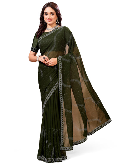 Leelavati Embroidered, Embellished Bollywood Georgette Saree (Dark Green)