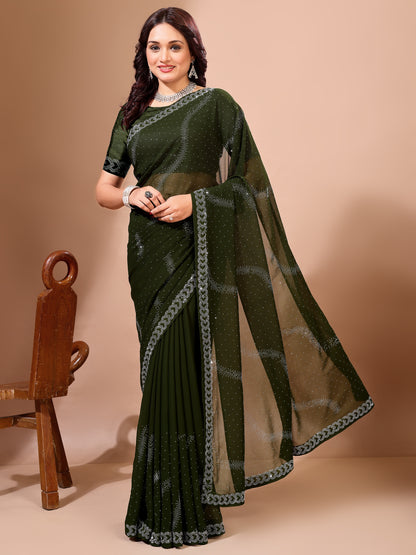 Leelavati Embroidered, Embellished Bollywood Georgette Saree (Dark Green)