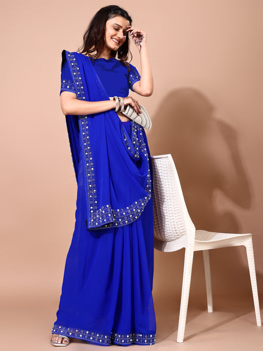 Leelavati Embroidered, Embellished Bollywood Georgette Saree (Blue)