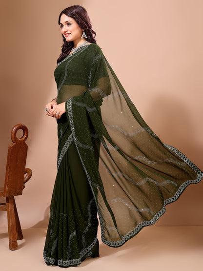 Leelavati Embroidered, Embellished Bollywood Georgette Saree (Dark Green)