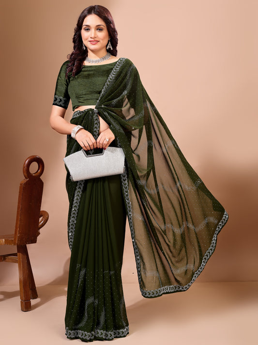 Leelavati Embroidered, Embellished Bollywood Georgette Saree (Dark Green)