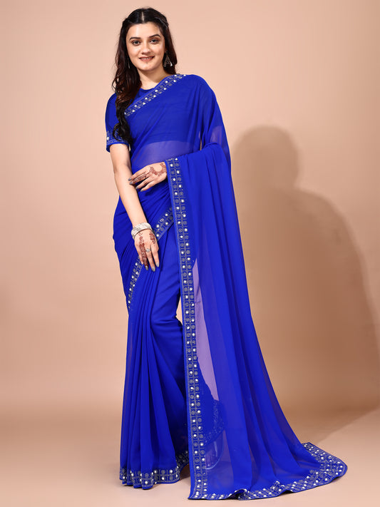 Leelavati Embroidered, Embellished Bollywood Georgette Saree (Blue)