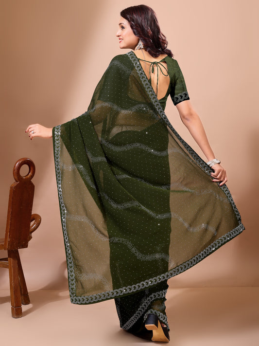 Leelavati Embroidered, Embellished Bollywood Georgette Saree (Dark Green)