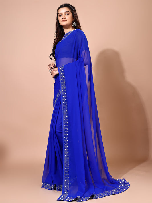 Leelavati Embroidered, Embellished Bollywood Georgette Saree (Blue)