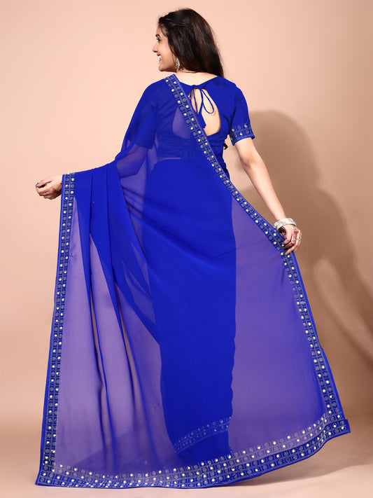 Leelavati Embroidered, Embellished Bollywood Georgette Saree (Blue)