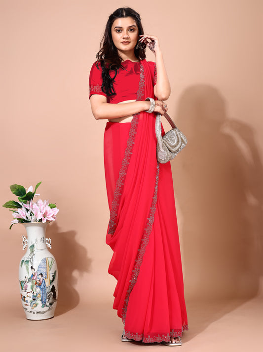 Leelavati Embellished Bollywood Chiffon Saree (Red)