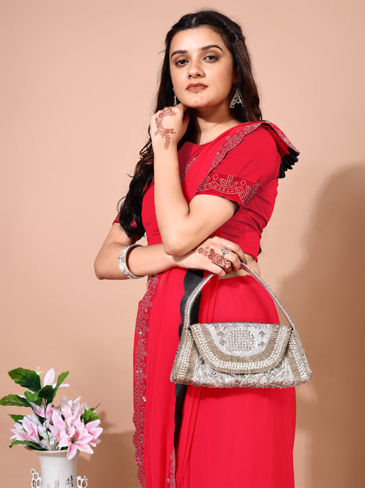 Leelavati Embellished Bollywood Chiffon Saree (Red)