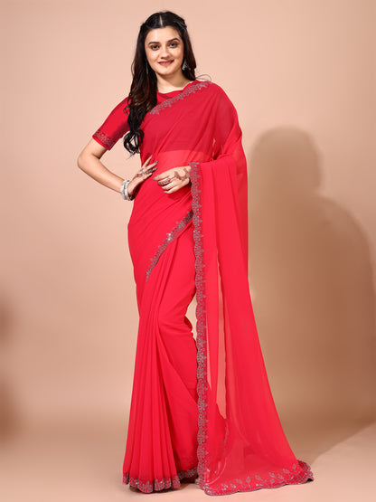 Leelavati Embellished Bollywood Chiffon Saree (Red)
