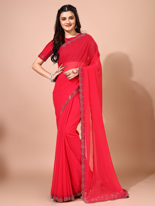 Leelavati Embellished Bollywood Chiffon Saree (Red)