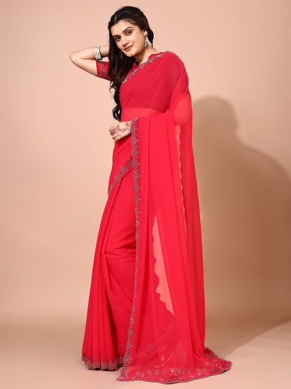Leelavati Embellished Bollywood Chiffon Saree (Red)