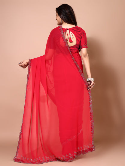 Leelavati Embellished Bollywood Chiffon Saree (Red)