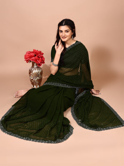 Leelavati Embellished Bollywood Chiffon Saree (Dark Green)