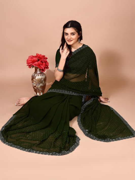 Leelavati Embellished Bollywood Chiffon Saree (Dark Green)