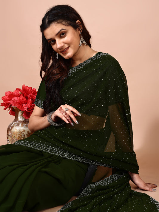 Leelavati Embellished Bollywood Chiffon Saree (Dark Green)