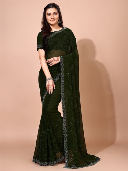 Leelavati Embellished Bollywood Chiffon Saree (Dark Green)