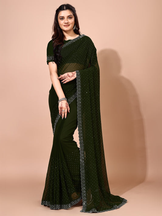 Leelavati Embellished Bollywood Chiffon Saree (Dark Green)