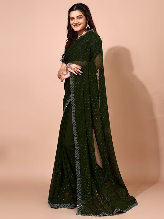 Leelavati Embellished Bollywood Chiffon Saree (Dark Green)