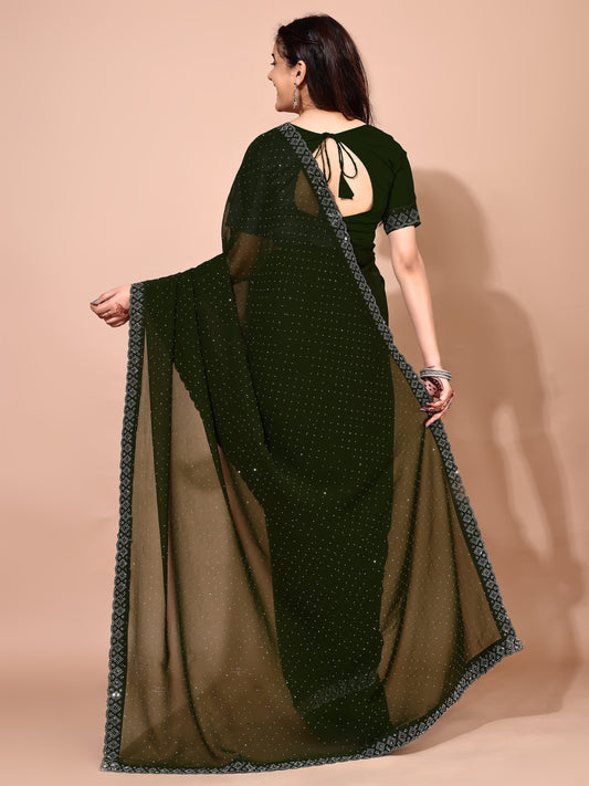 Leelavati Embellished Bollywood Chiffon Saree (Dark Green)