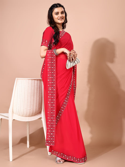 Leelavati Embellished, Embroidered Bollywood Georgette Saree (Red)