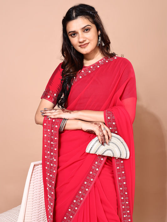 Leelavati Embellished, Embroidered Bollywood Georgette Saree (Red)