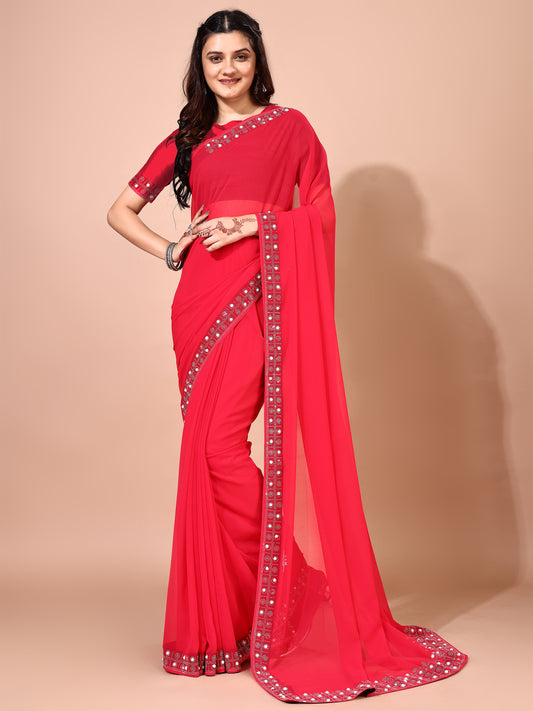 Leelavati Embellished, Embroidered Bollywood Georgette Saree (Red)