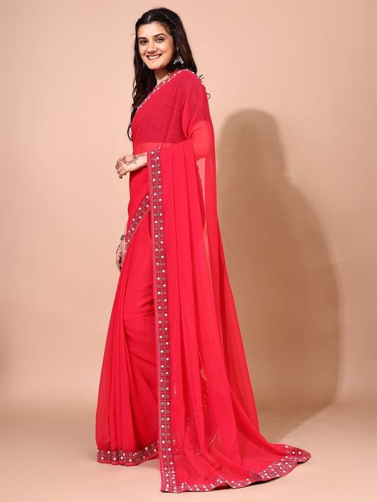 Leelavati Embellished, Embroidered Bollywood Georgette Saree (Red)