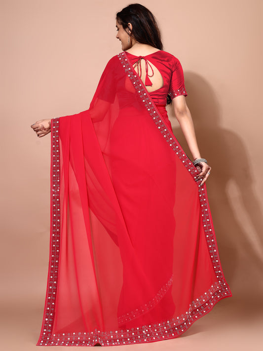 Leelavati Embellished, Embroidered Bollywood Georgette Saree (Red)