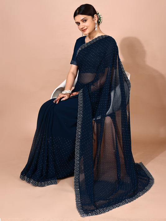 Leelavati Embellished Bollywood Chiffon Saree (Dark Blue)