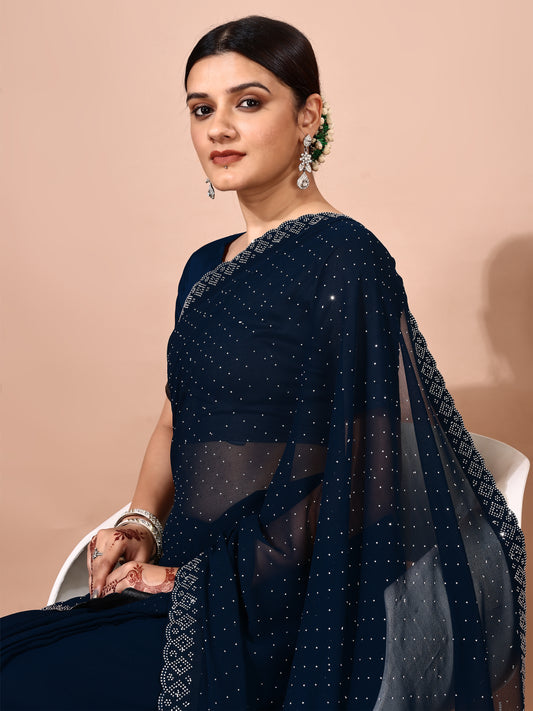 Leelavati Embellished Bollywood Chiffon Saree (Dark Blue)
