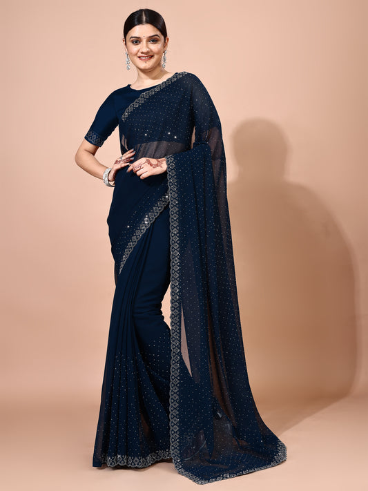 Leelavati Embellished Bollywood Chiffon Saree (Dark Blue)