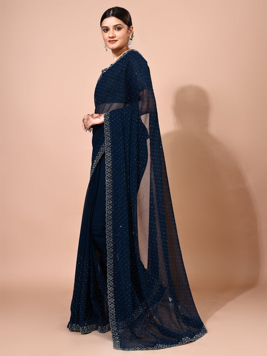 Leelavati Embellished Bollywood Chiffon Saree (Dark Blue)