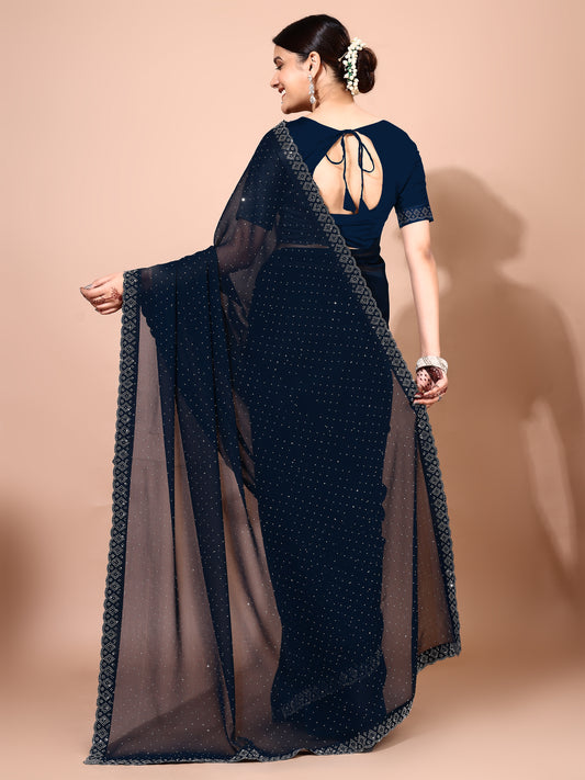 Leelavati Embellished Bollywood Chiffon Saree (Dark Blue)