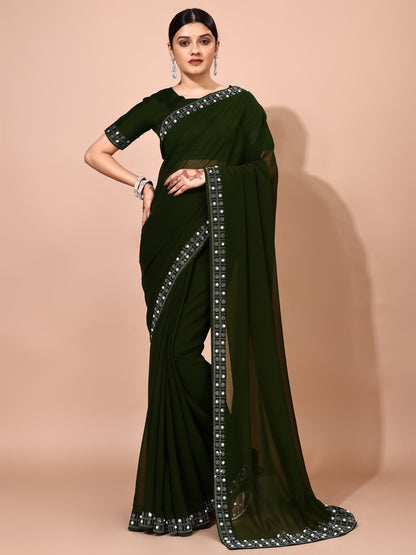 Leelavati Embellished Bollywood Chiffon Saree (Green)