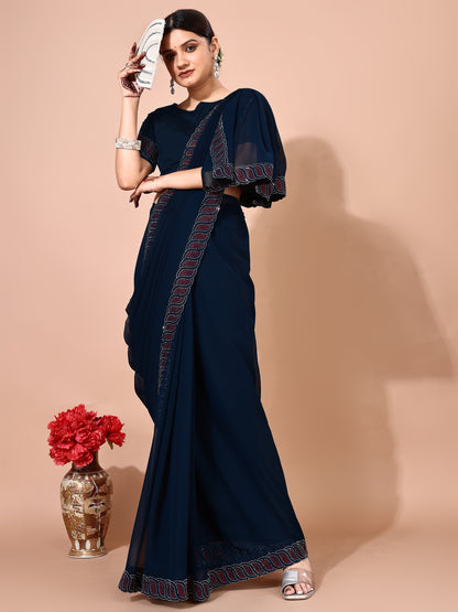 Leelavati Embellished Bollywood Chiffon Saree (Dark Blue)