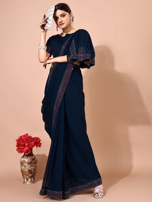 Leelavati Embellished Bollywood Chiffon Saree (Dark Blue)