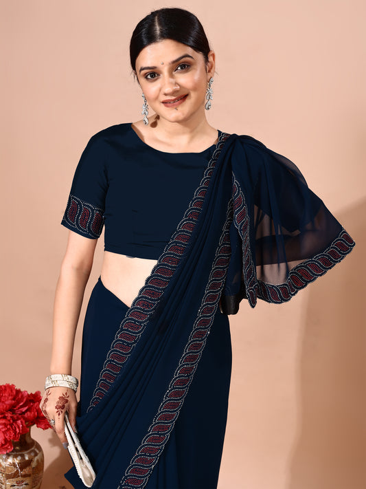 Leelavati Embellished Bollywood Chiffon Saree (Dark Blue)