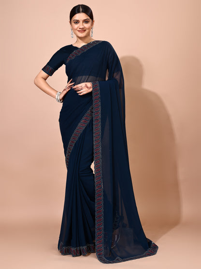 Leelavati Embellished Bollywood Chiffon Saree (Dark Blue)