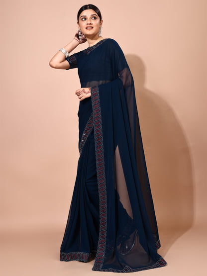 Leelavati Embellished Bollywood Chiffon Saree (Dark Blue)