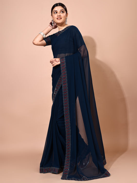 Leelavati Embellished Bollywood Chiffon Saree (Dark Blue)