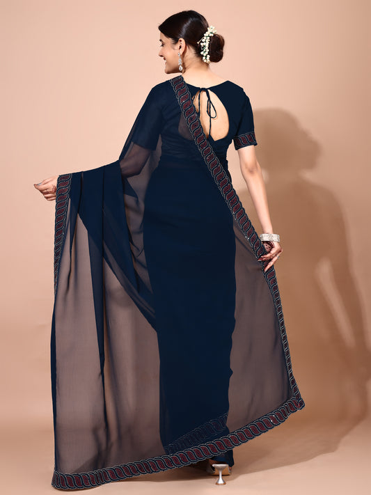 Leelavati Embellished Bollywood Chiffon Saree (Dark Blue)