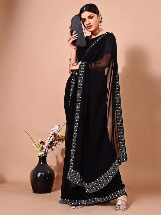Leelavati Embroidered, Embellished Bollywood Georgette Saree (Black)