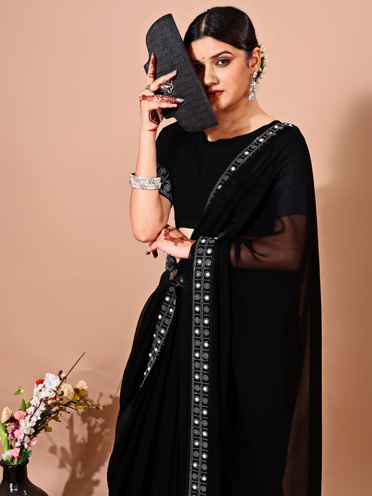 Leelavati Embroidered, Embellished Bollywood Georgette Saree (Black)